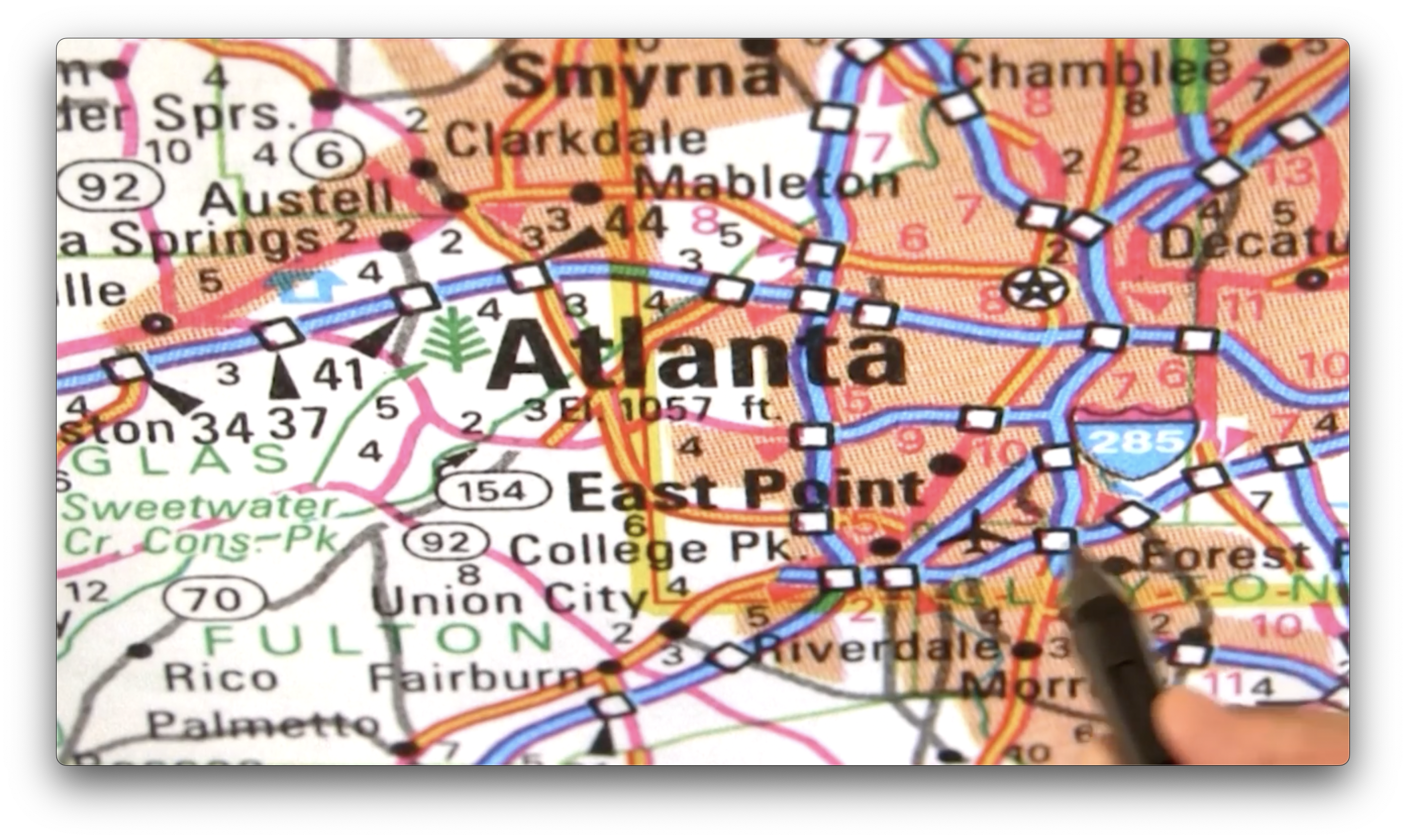 A closeup view of the roads around Atlanta.