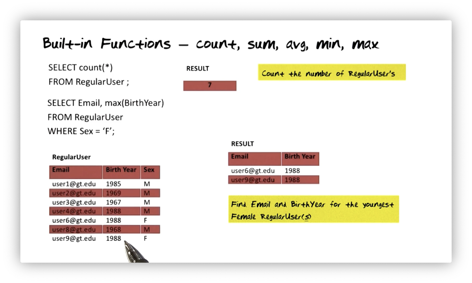 Using built-in functions max and count to perform more sophisticated
queries.